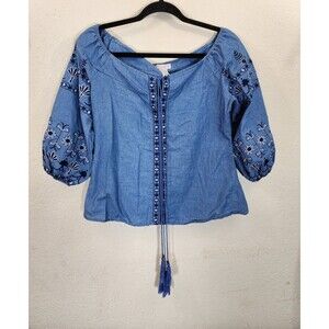 HWA Apparel Top Womens S Blue Chambray Embroidered Off Shoulder Peasant Boho Tie